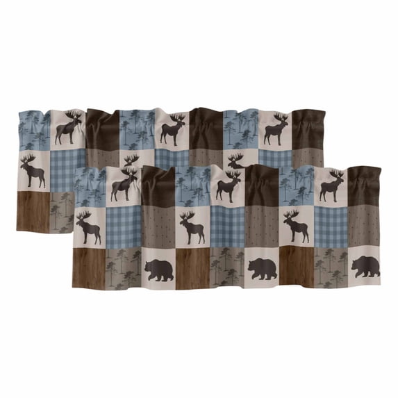 Blue Checkered Cabin Curtain Valances for Windows, Kitchen Valance Window Treatments Panel 2 Pack, Farmhouse Forest Brown Buffalo Plaid Rod Pocket Short Curtains for Bathroom Bedroom 42 x 12 Inch