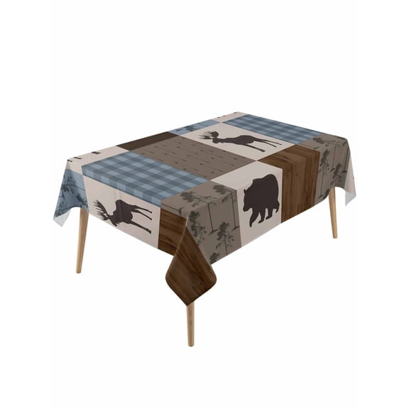 Blue Checkered Cabin Table Cloth, Waterproof Tablecloth for Rectangle Tables, Farmhouse Forest Brown Buffalo Plaid Reusable Washable Fabric Table Cover for Restaurant Kitchen Dining Tables 60"x120"
