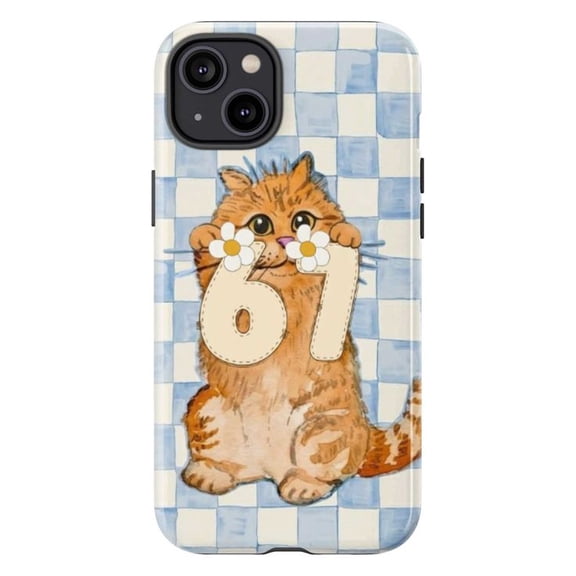 Blue Checkered Cat Number 6 & 7 Phone Case, Cute Cartoon Kitty with Daisy Flowers, Fun Animal Birthday Style Protective Cover for iPhone 17 16 15 14 13 12 11 Pro Plus Mini