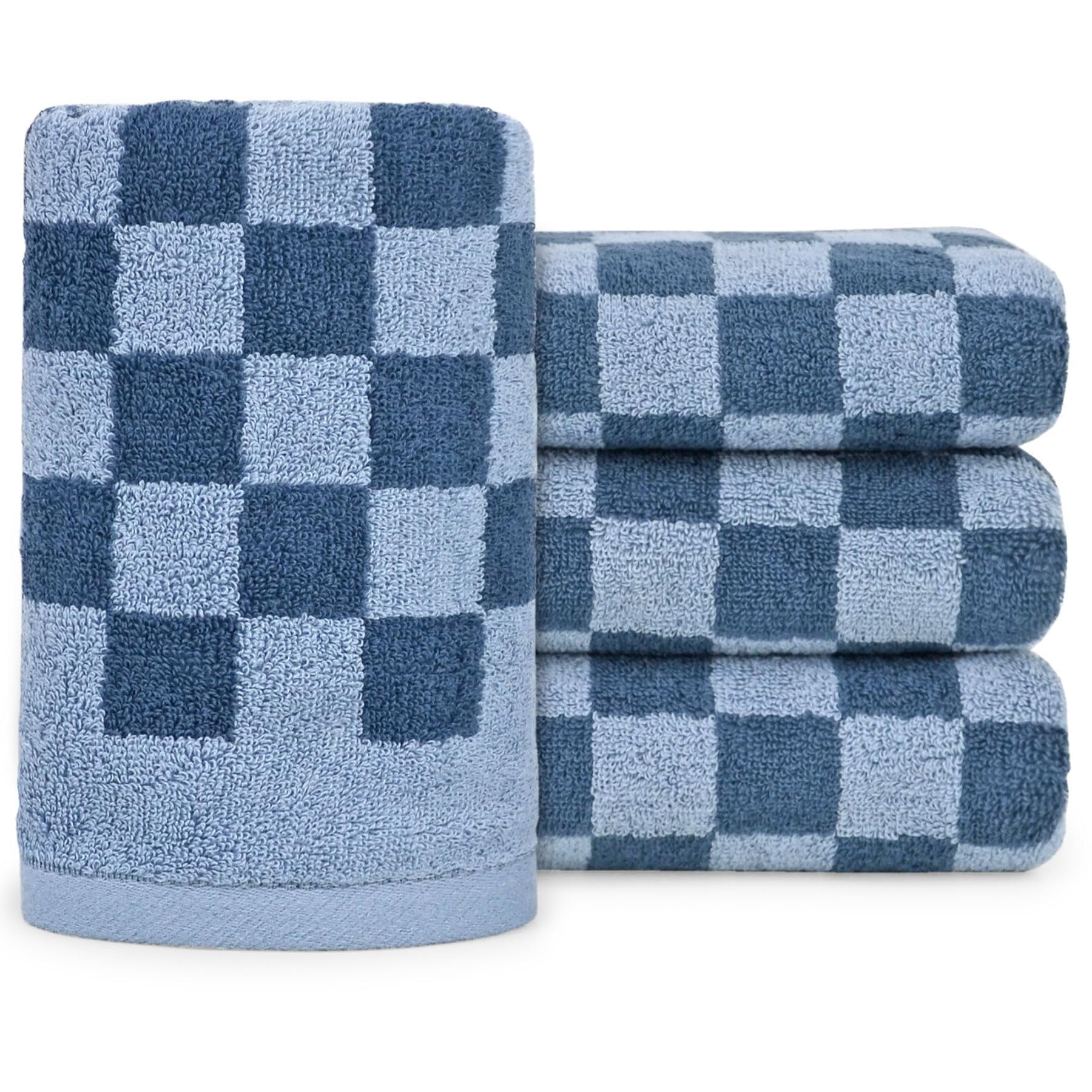 Blue Checkered Cotton Hand Towel Set of 4, 13x29 Inches for Bathroom