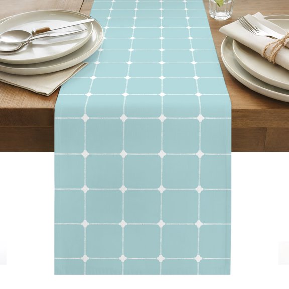 Blue Checkered Cotton Linen Table Runner Modern Minimalist Geometric Grid Lines Plaid Dining Table Runners for Home Decor Party Dining Room Restaurant Kitchen Party 13" x 90"