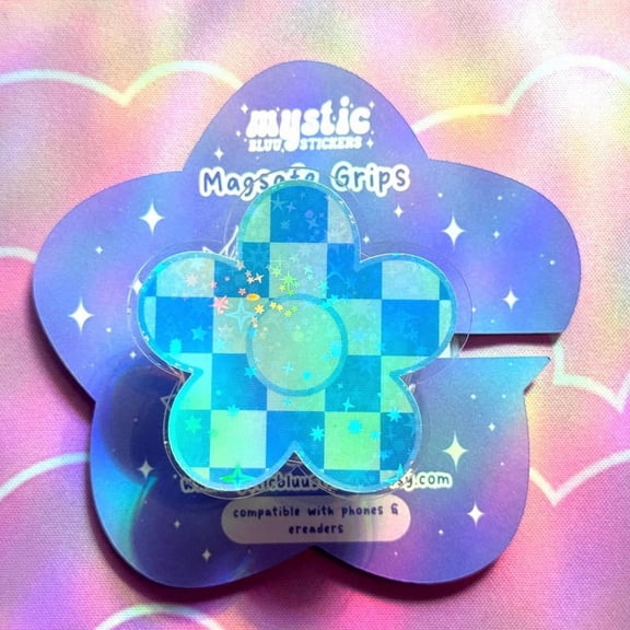 Blue Checkered Daisy Grip: Retro Magnetic Phone, Tablet iPad Holder