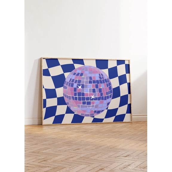 Blue Checkered Disco Ball Retro Wall Art Funky Decor, Unframed Paper Print Size 8x12