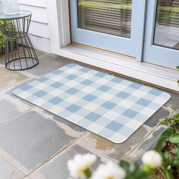 Blue Checkered Door Mat Indoor Outdoor, Blue White Buffalo Plaid Non Slip Welcome Mat with Rubber Backing, Absorbent Fabric Front Door Mats Entryway Rug for Home Patio Entrance 20"x31.5"