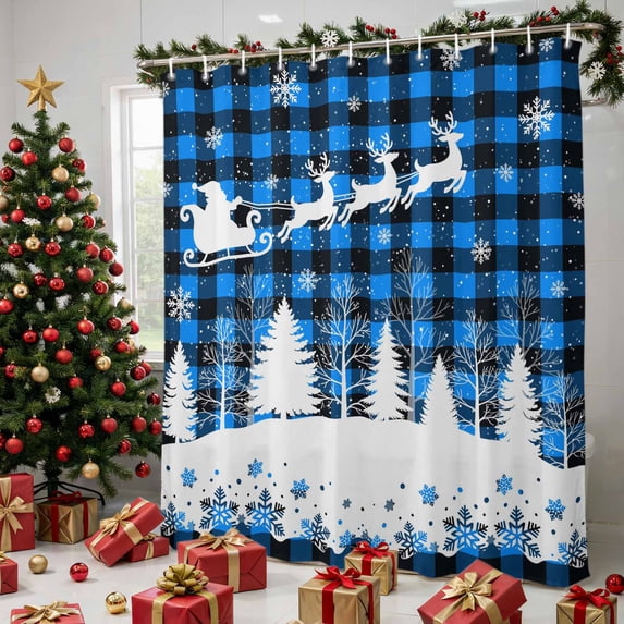 Blue Checkered Elk Christmas Shower Curtains for Bathroom, Xmas Tree Snowflake Winter Waterproof Fabric Shower Curtain, Decorative Bathroom Curtain for Bathtub, 72"x72", No Hooks Included