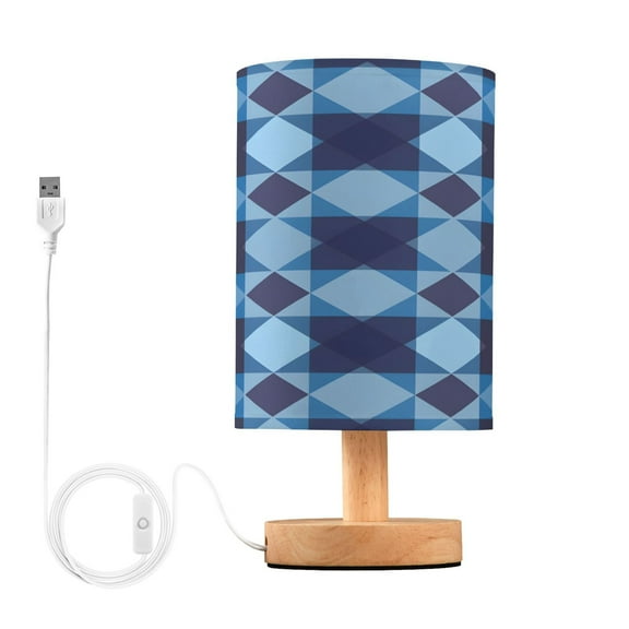 Blue Checkered Grid Pattern Bedside Table Lamp Desk Warm Lights with USB Charging Port Cylinder LED Lamps for Bedroom Living Room Office