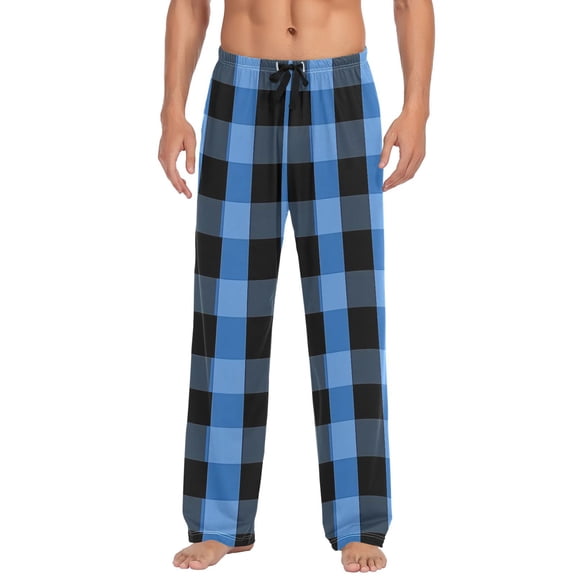 Blue Checkered Grid Pattern Men's Pajama Pants Cotton Long Sleepwear Lounge Pants L