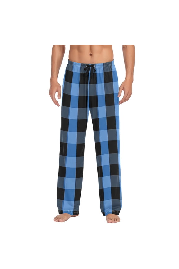 Blue Checkered Grid Pattern Men's Pajama Pants Cotton Long Sleepwear Lounge Pants L