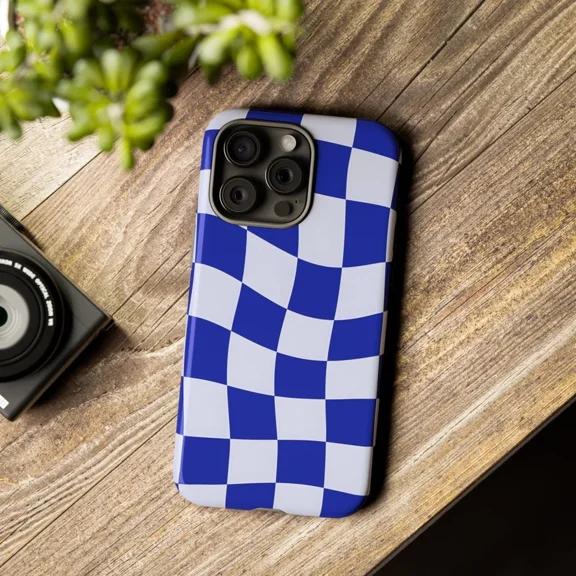 Blue Checkered Grid Retro Geometric Pattern Board Case for iPhone 11 12 13 14 15 16 17 Pro Max