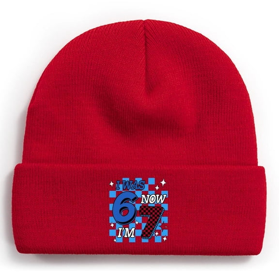 Blue Checkered I was 6 Now I'm 7 Birthday Beanie Hats for Women Men Novelty Knit Hats Unisex Warm Winter Hat Gray