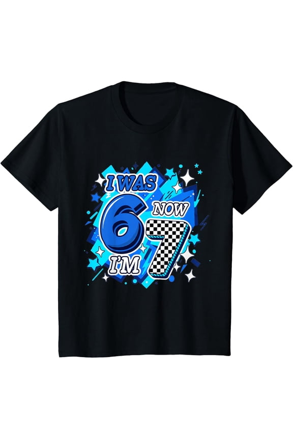 Blue Checkered I was 6 Now I'm 7 Birthday Boy 6 7 Meme Boys T-Shirt