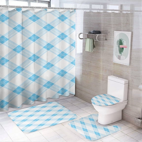 Blue Checkered Pattern Background Shower Curtain And Rugs Mat Set For Bathroom Bath Curtains Decoration Accessories Bathtub Screen 4 Pcs