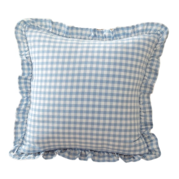 Blue Checkered Pillow Cover, Ruffled Frill Decorative Cushion Case for Sofa, Bed, Chair, Bedroom, Living Room and Cottage Home Decor