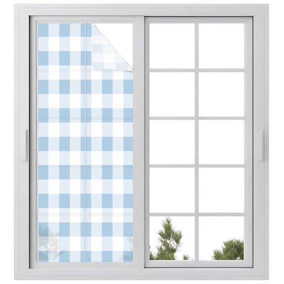 Blue Checkered Privacy Window Film, Decorative Frosted Glass Window Film, Blue White Buffalo Plaid Reusable Peel and Stick Static Cling for Home Bathroom Office Glass Door 23.6"x59"