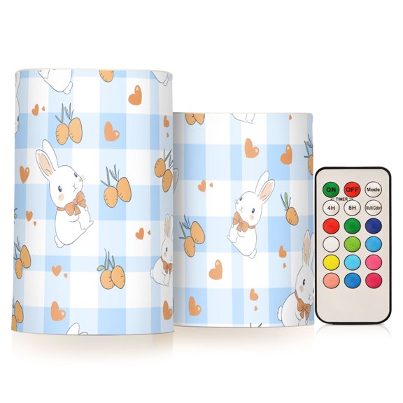 Blue Checkered Rabbit Flickering Flameless Candles Battery Operated with Remote Timer LED Pillar Candles Set of 2