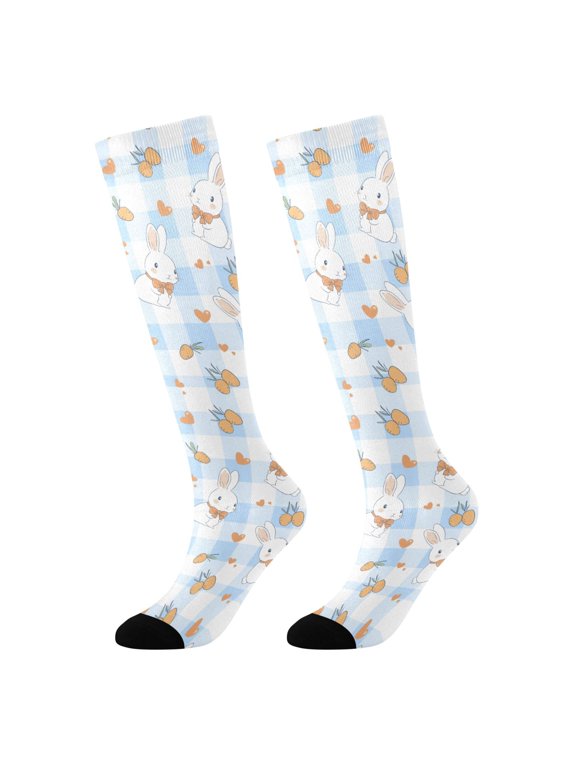 Blue Checkered Rabbit Novelty Patterned Knee High Socks Breathable Stretchy Soft Tall Boot Socks