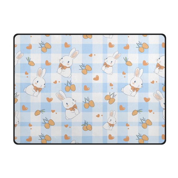 Blue Checkered Rabbit Pattern Area Rug 63x48 Inch Non Slip Absorbent Soft for Bedroom Entryway