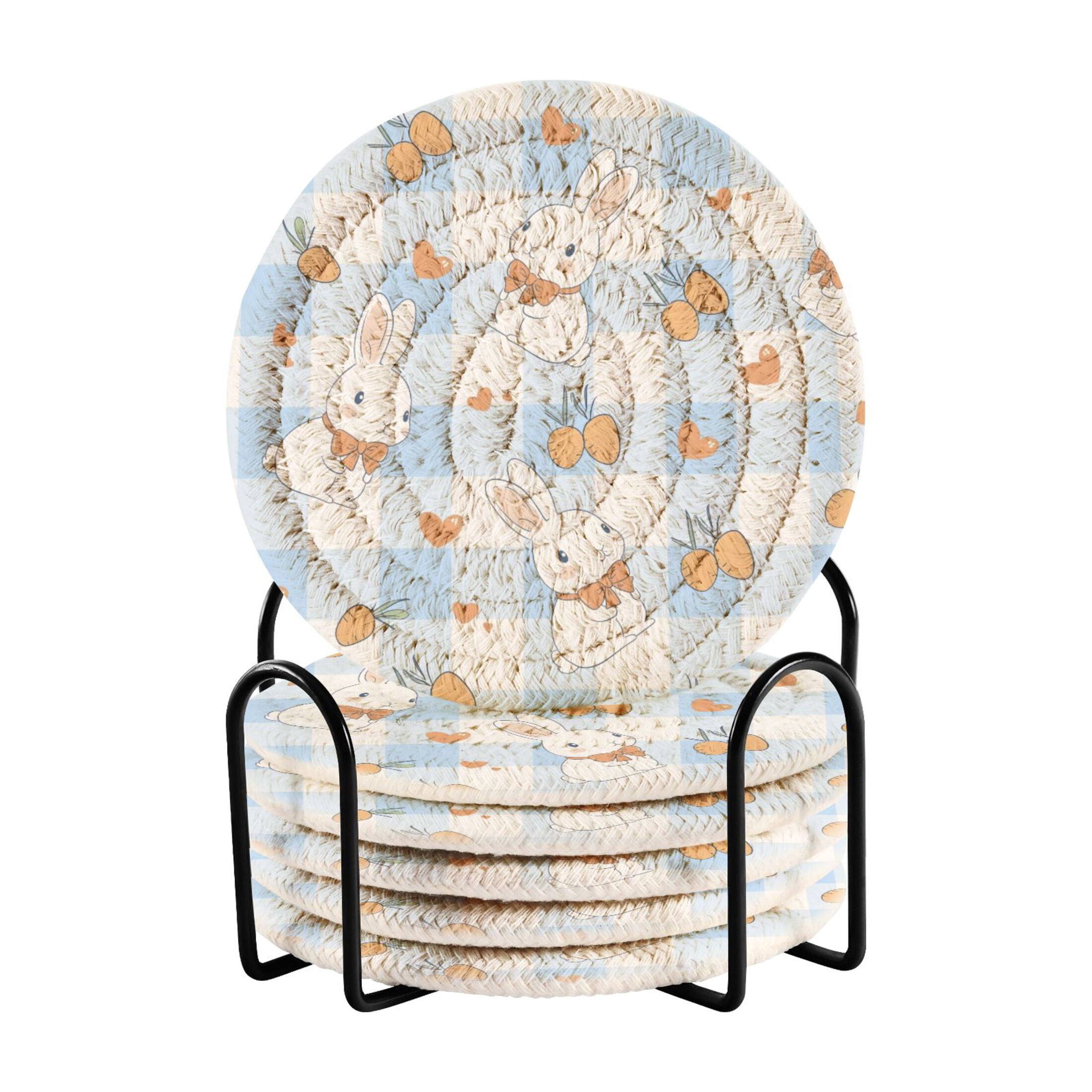 Blue Checkered Rabbit Pattern Bar Coasters 6 Pack Braided Coasters with ...