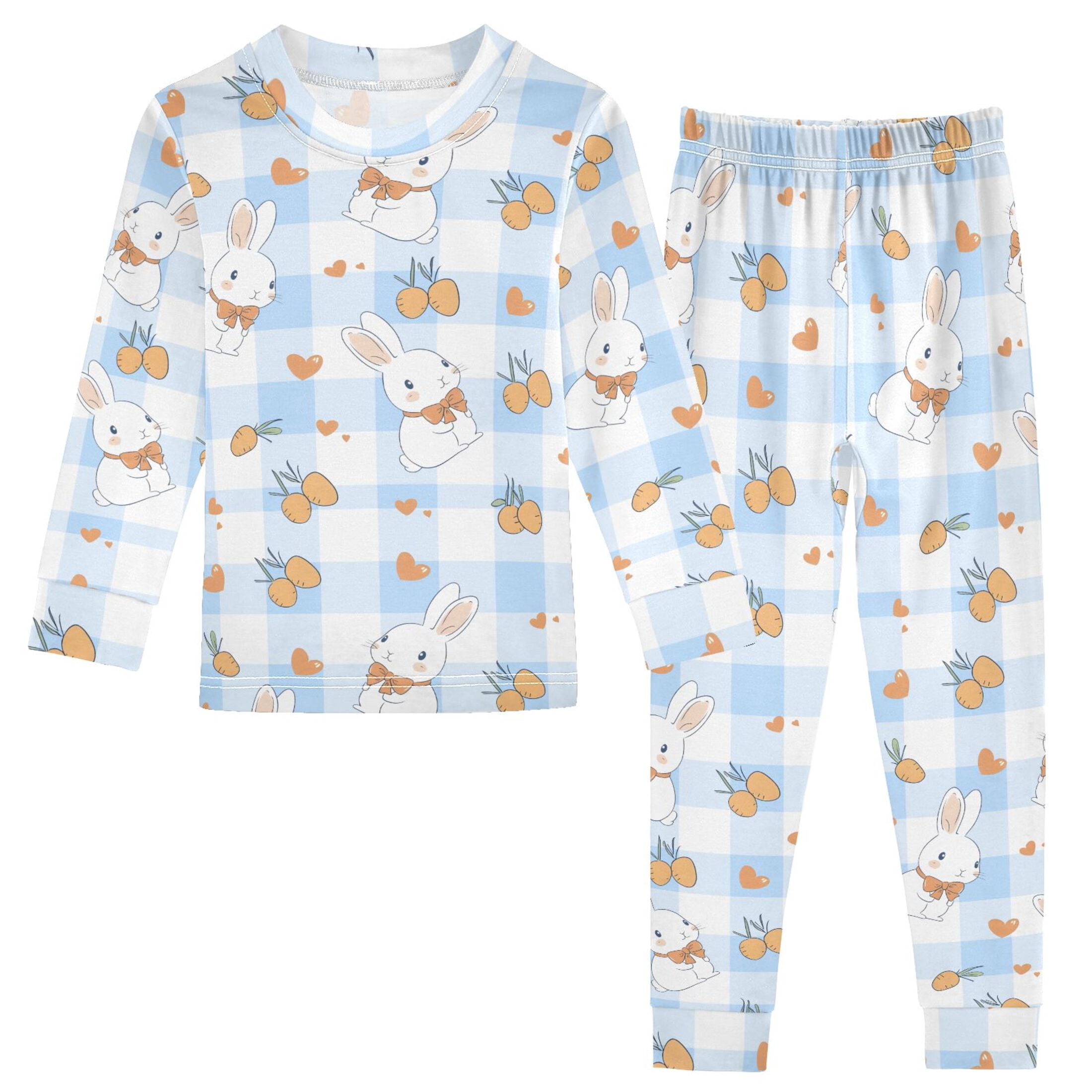 Blue Checkered Rabbit Pattern Cotton Pajamas 2 Piece Set Sleepwear Soft ...