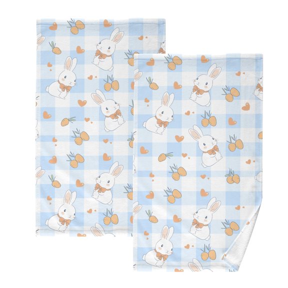 Blue Checkered Rabbit Pattern Cotton Towel Set Face Hand Towels 2 Pack Soft Absorbent 16x28in