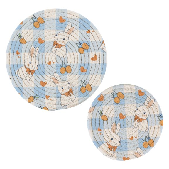 Blue Checkered Rabbit Pattern Cotton Trivets Potholders Set of 2 Handmade Heat Resistant Non Slip Absorbent