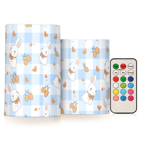 Blue Checkered Rabbit Pattern Flameless LED Candle Set with Remote, Battery Operated Color Changing Pillar Candles, Set of 2