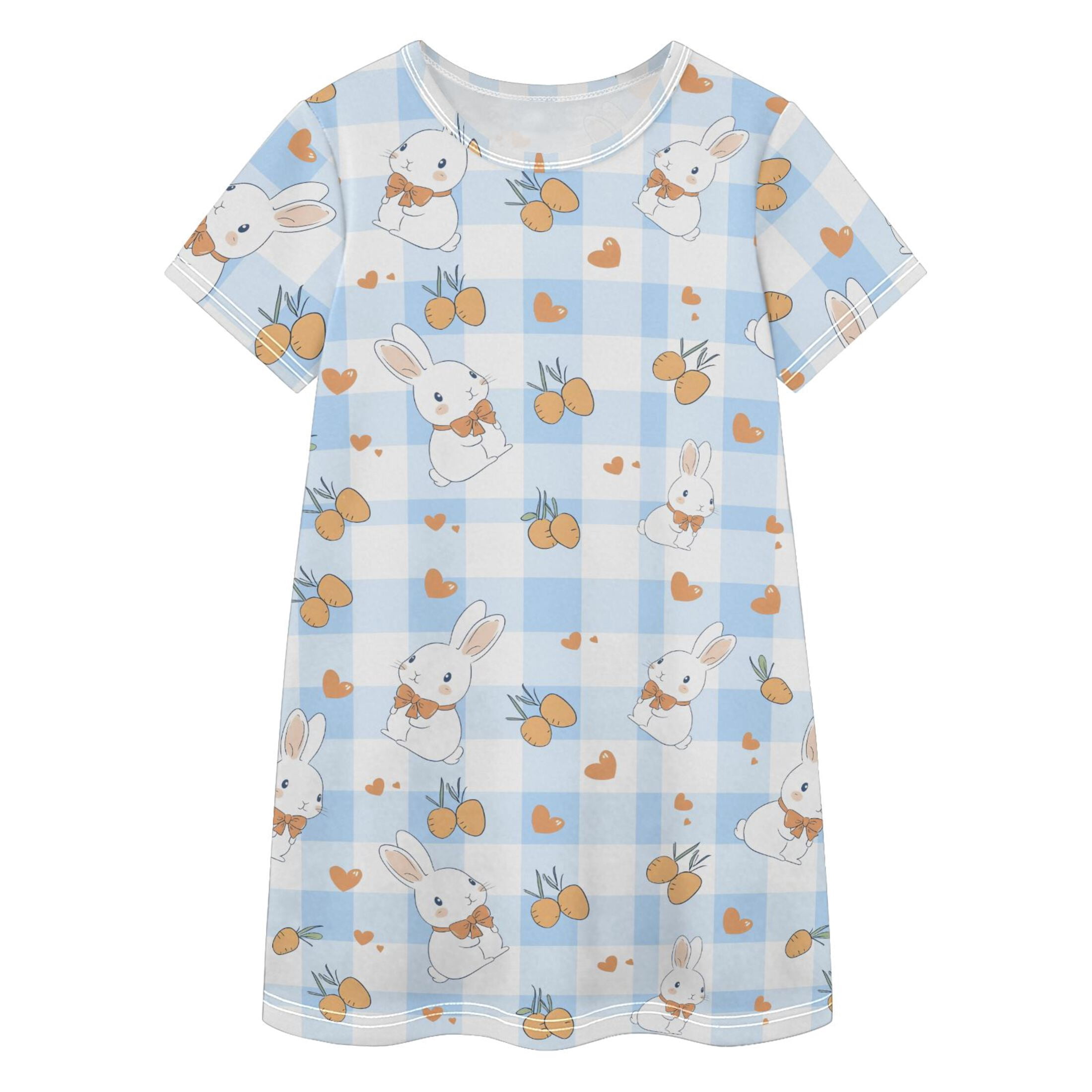 Blue Checkered Rabbit Pattern Girls' Casual Dresses Short Sleeve Cotton ...