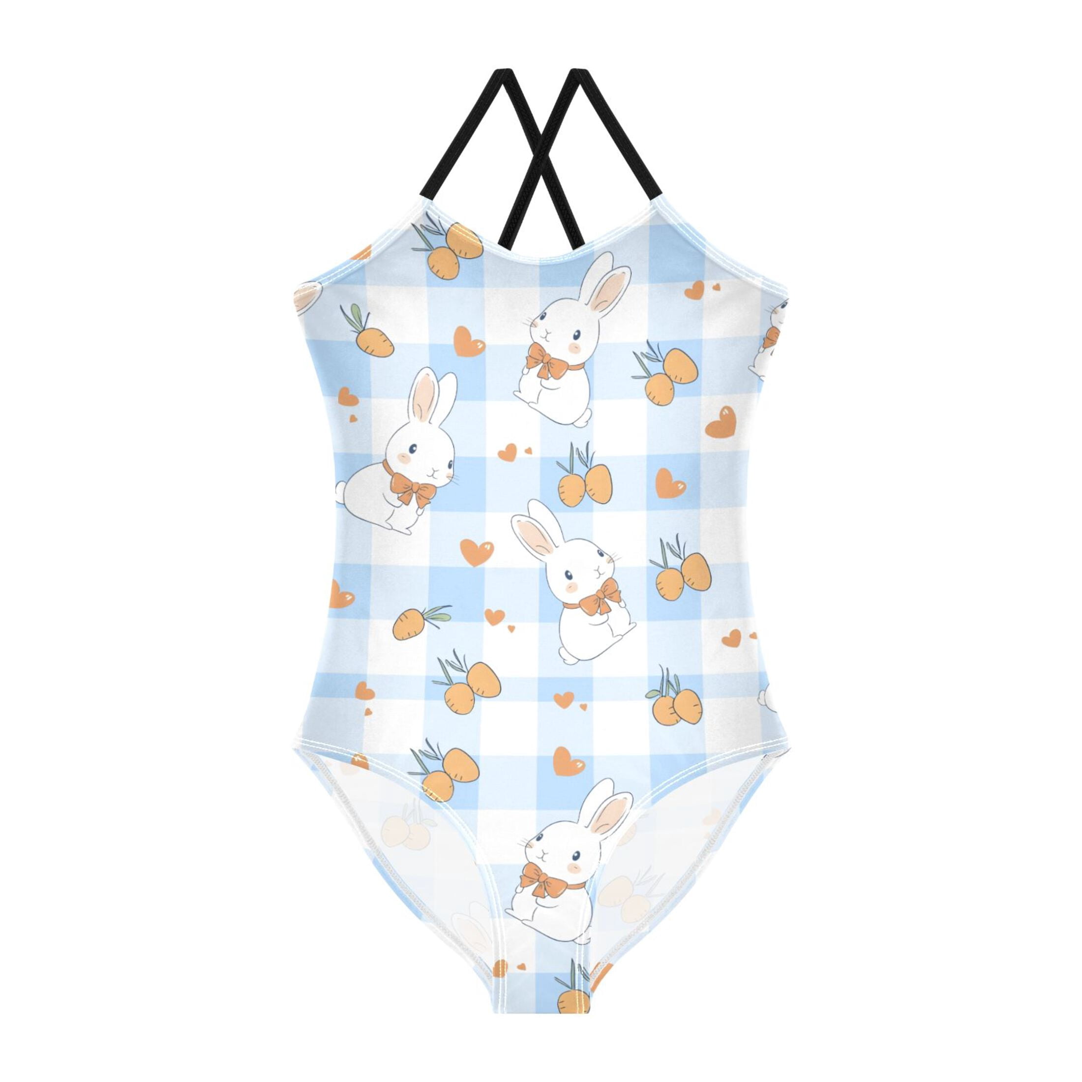 Blue Checkered Rabbit Pattern Girls' One-Piece Swimwear 3T-10T Soft ...