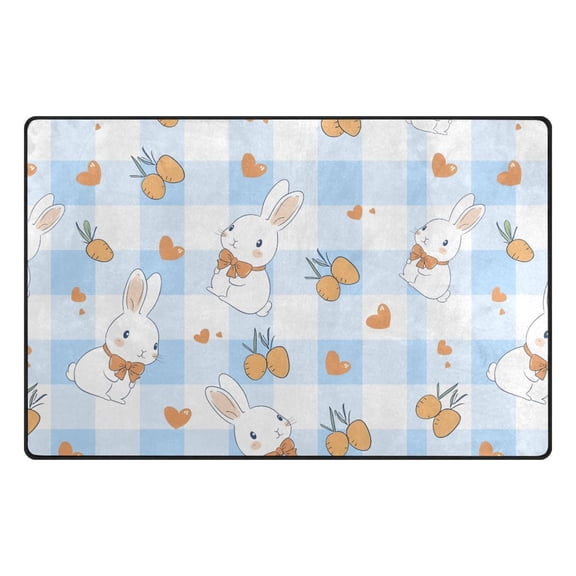 Blue Checkered Rabbit Pattern Memory Foam Area Rug 31"x20" Non Slip, Absorbent, Fade Proof for Living Room, Bedroom, Office