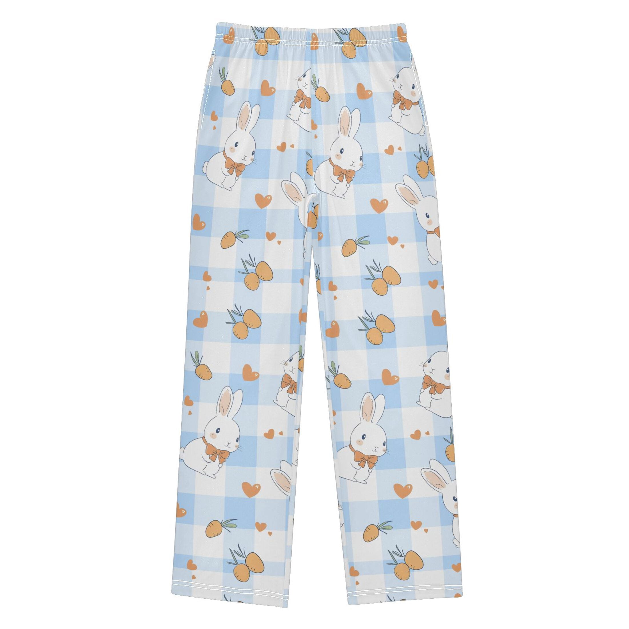 Blue Checkered Rabbit Pattern Pajama Pants Soft Lightweight Lounge ...