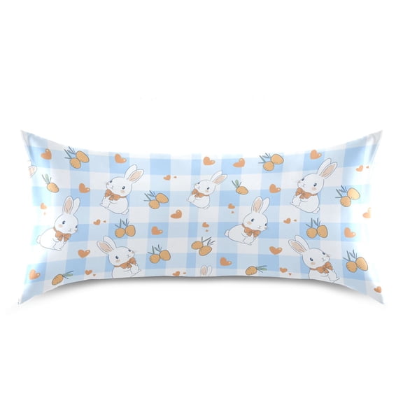 Blue Checkered Rabbit Pattern Pillow Case Standard Size Silky Satin Pillow Cover for Bedroom 20x26 Inch