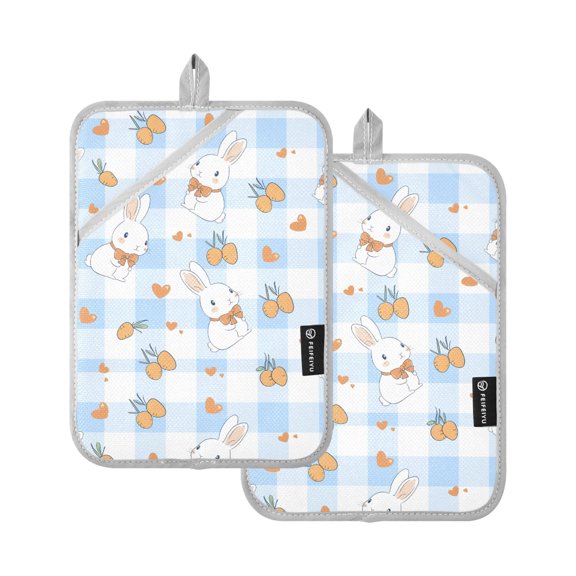Blue Checkered Rabbit Pattern Pot Holder Set 2 Piece Non-Slip Oven Hot Pads Heat Resistant Durable 7x9.8in