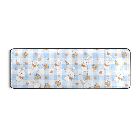 Blue Checkered Rabbit Pattern Runner Rug 24x72 Inch Cushioned Non Slip Soft Absorbent Floor Mat