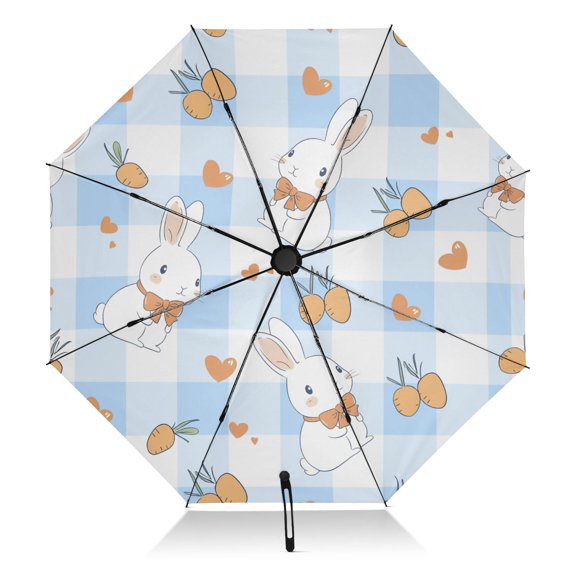 Blue Checkered Rabbit Pattern Umbrella Folding Sun Umbrella Travel Auto Open Close Large UV50+ 40in