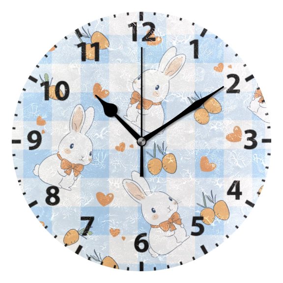 Blue Checkered Rabbit Pattern Wall Clock 10in Round Artistic Oil Painting Home Decor Desk Table Clock