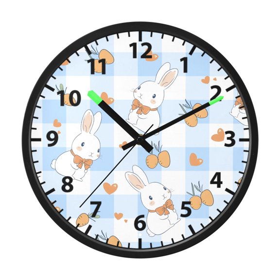 Blue Checkered Rabbit Pattern Wall Clock 12 Inch Voice Activated Night Light Silent Non Ticking