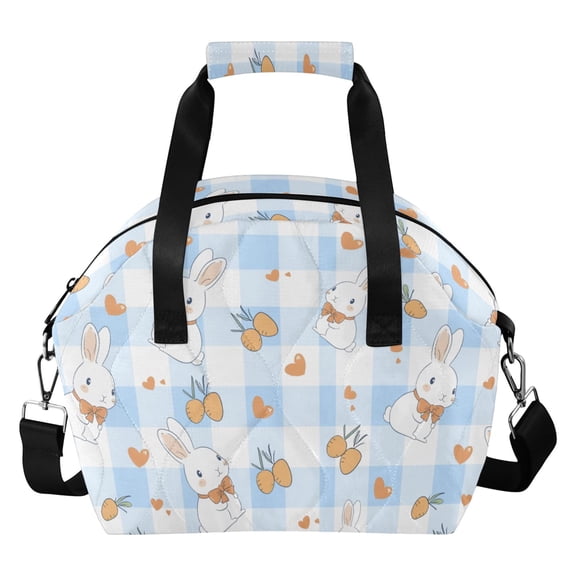Blue Checkered Rabbit Pattern Women Lunch Bag Quilted Insulated Water Resistant Tote for Work and Picnic