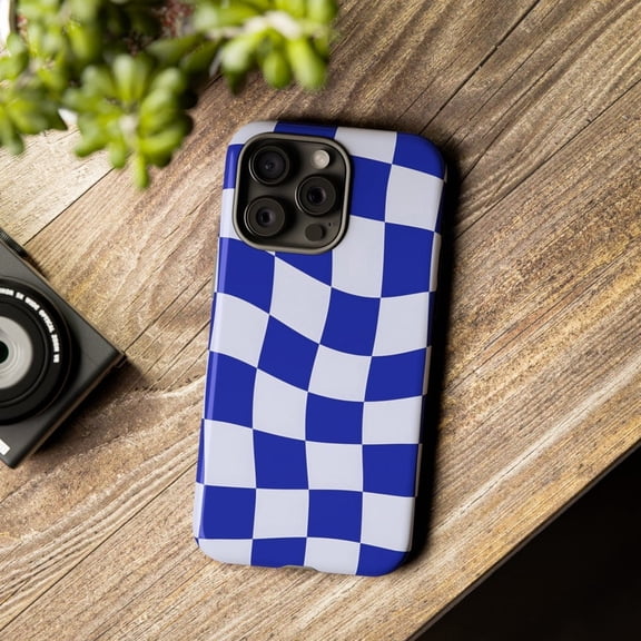 Blue Checkered Retro Pattern Grid Plaid Aesthetic iPhone 11 12 13 14 15 16 17 Pro Max Case