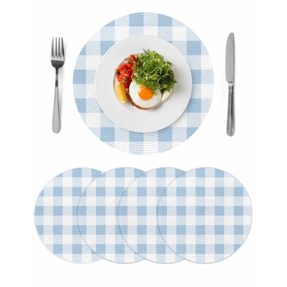 Blue Checkered Round 13 Inch Placemats Set of 4, Blue White Buffalo Plaid HeatResistant Non Slip Place Mats for Dining Table, Wipeable Braided Kitchen Table Mats for Housewarming