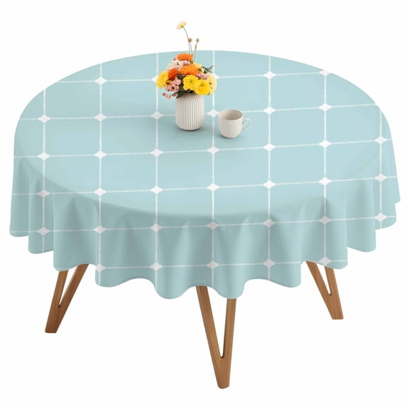 Blue Checkered Round Tablecloth 54 inches Modern Minimalist Geometric Grid Lines Plaid Waterproof Oil-Proof Table Cloth Round Table Cover for Holiday Party Picnic Dinner Decor Indoor and Outdoor Use