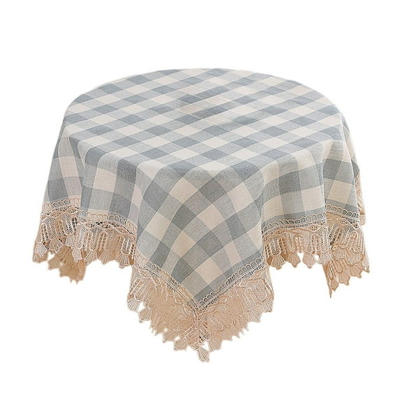 Blue Checkered Round Tablecloth Washable with Tassel Cotton Linen Gingham Table Cover for Dining Room, Blue, Round, 35.45", 1-2 Seats