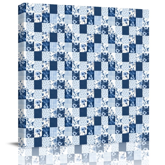 Blue Checkered Rustic Floral Canvas Artwork Painting Art, Wave Point on Square Square Framed Wall Decorations Prints Picture for Bedroom Kitchen Living Room, 8x8 in