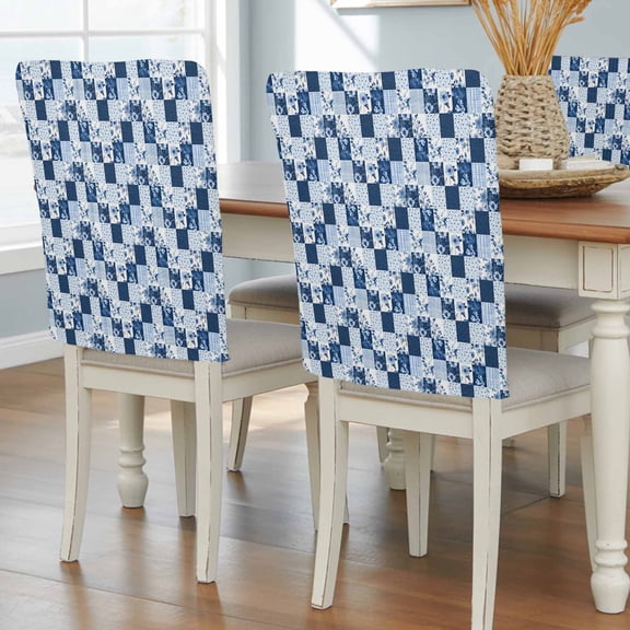 Blue Checkered Rustic Floral Chair Covers Set of 8 Wave Point on Square Chair Back Covers Stretch Removable Washable Slipcovers Protector for Dining Room Kitchen Party Decor