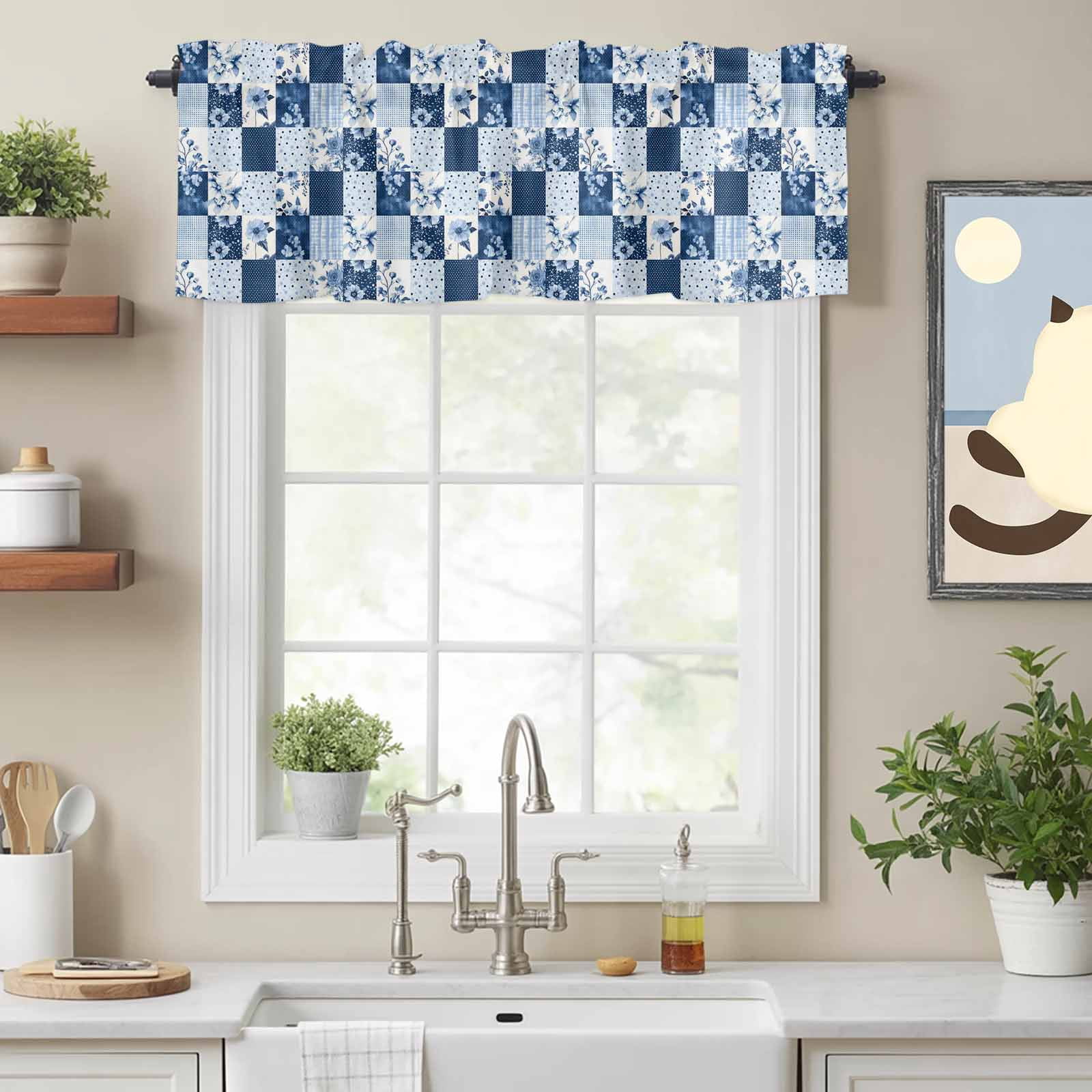 Window Square Valance Blue Checkered Rustic Floral Valances for Windows,Kitchen Valance Rod ...