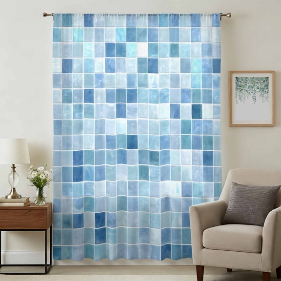 Blue Checkered Sheer Curtains 108" Extra Long for Living Room, Farmhouse Plaid Buffalo Elegant Geometric Light Filtering Privacy Drapes, Semi Sheer Window Treatment for Floor to Ceiling Window