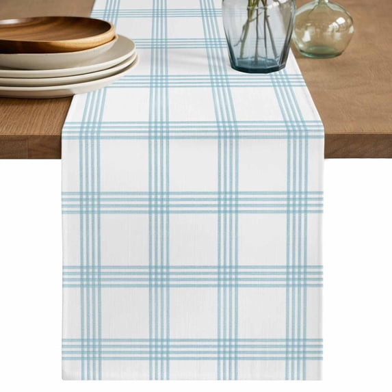 Blue Checkered Short Table Runner 60 Inches Long,Farmhouse Buffalo Plaid Watercolor Cotton Linen Table Runners Dresser Scarves,Fabric Tabletop Scarf Furniture Cover for Home Dinner Party 13"x60"