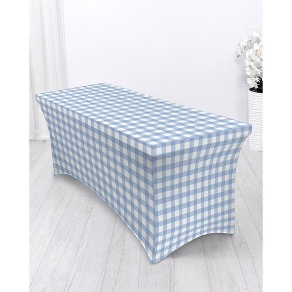 Blue Checkered Spandex Tablecloth 4ft Country Farmhouse Pastoral Classic Plaid Gingham Elastic Fitted Cloth for Rectangle Table Washable Wrinkle Proof Stretch Table Cover for Wedding Party Banquet