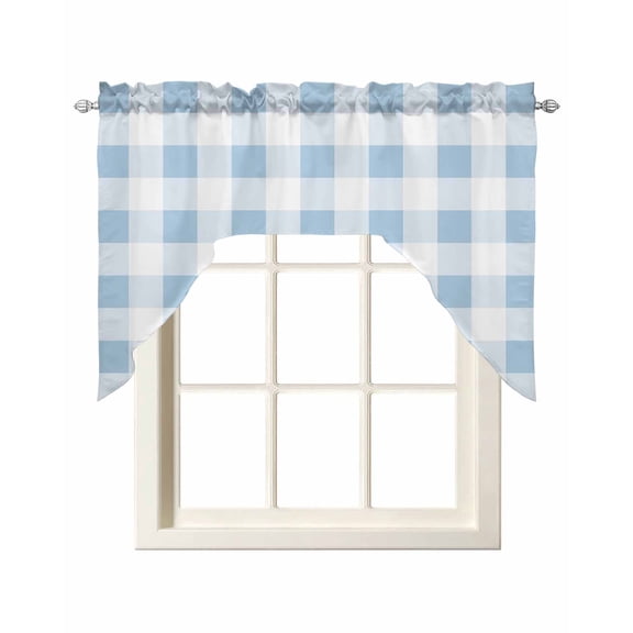 Blue Checkered Swag Valances for Windows, Blue White Buffalo Plaid Rod Pocket Kitchen Curtain Light Filtering Short Topper Drape for Bathroom Cafe Bedroom Living Room Window Treatments, 56"Wx36"L