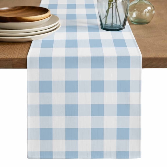 Blue Checkered Table Runner, Blue White Buffalo Plaid Washable Cotton Linen Table Runners 36 Inches Long, Dresser Scarf Runner for Nightstand/End Tables/Round Tables 13''x36''