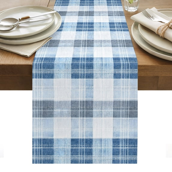 Blue Checkered Table Runner Farmhouse Modern Buffalo Plaid Tablerunners 13 x 60 Inch, Table Decorations Tabletop Scarf for Summer Gathering Holiday Farmhouse Kitchen Dining Decor